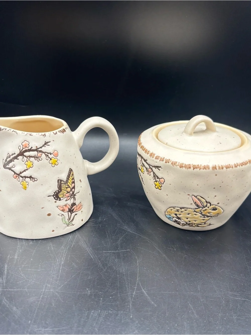 Spectrum Designz Sugar Bowl Creamer Plate Set Bunny Butterfly Flowers Farmhouse